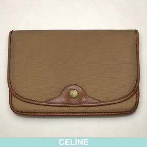 Auth Céline beige cotton/leather clutch rare